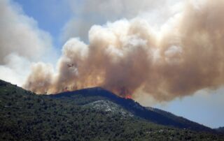 plane flying over smoking forest mountain